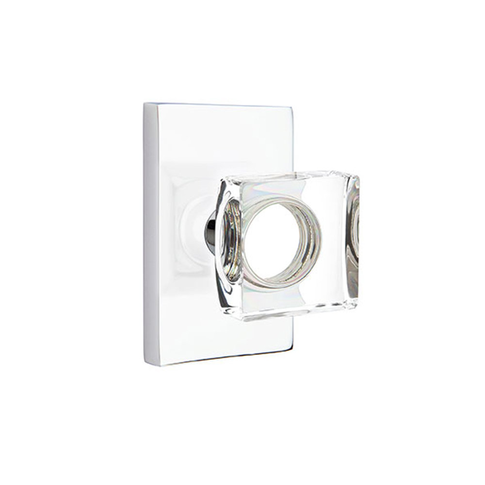 Emtek Privacy Knobset w/ Modern Rectangular Rosette and Modern Square Glass Knob Emtek
