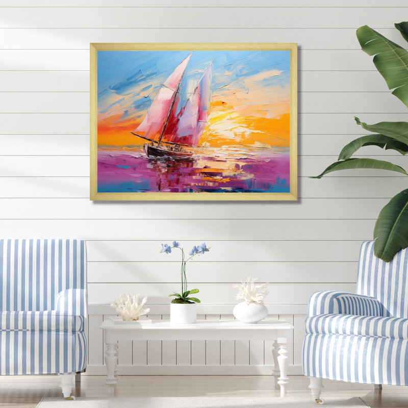 Minimalism Sailboat Rhythms VII - Sailing Boat Wall Art Living Room, H 16 po x l 32 po x P 1 po, Cadre doré simple