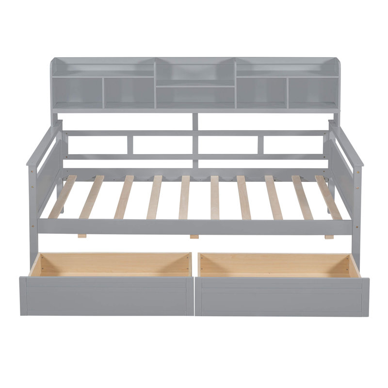 Lit de jour simple avec support en lattes de bois, tablettes de chevet et deux tiroirs, Gris, Lit simple