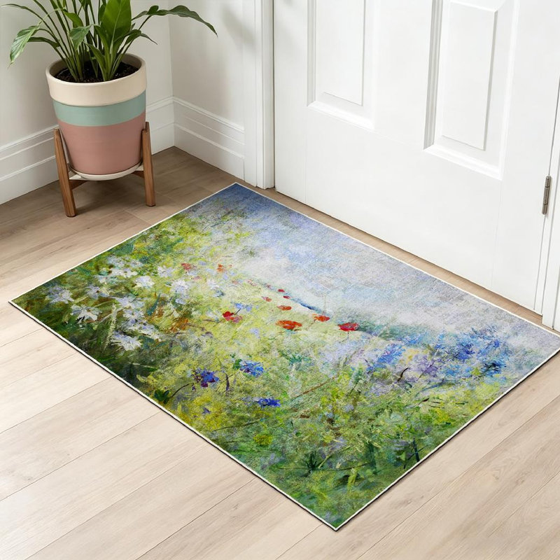 Tapis d'intérieur lavable à l'huile rouge avec motif de coquelicots rouges