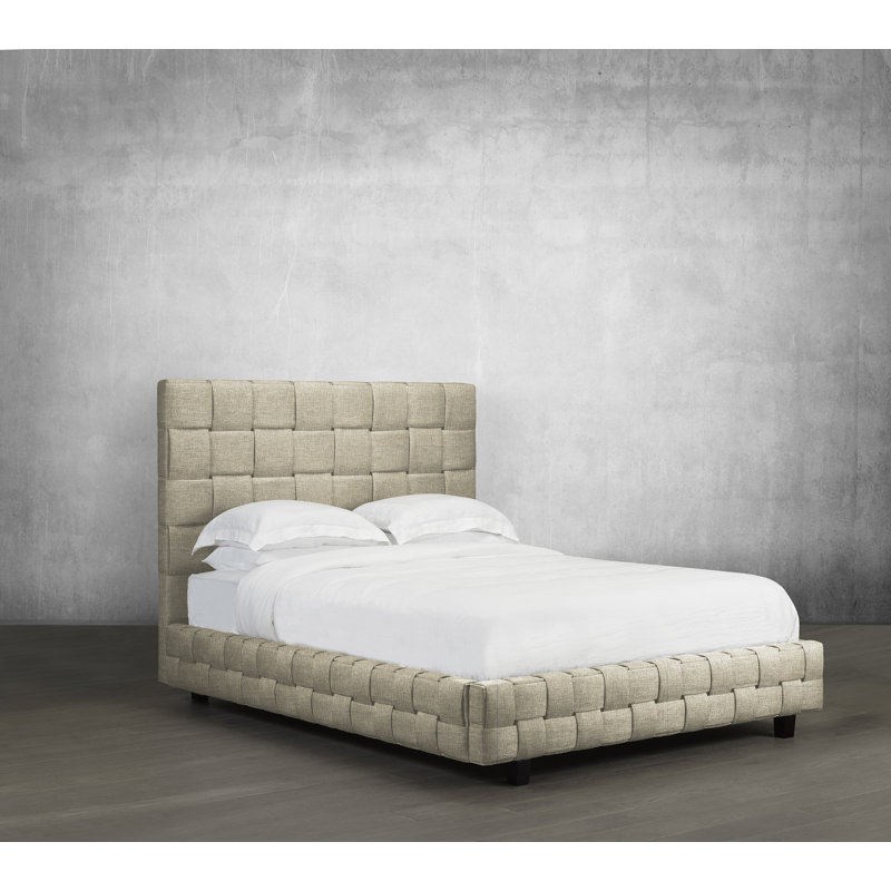 Lit plateforme tapissier capitonné à profil bas, Beige, Très grand