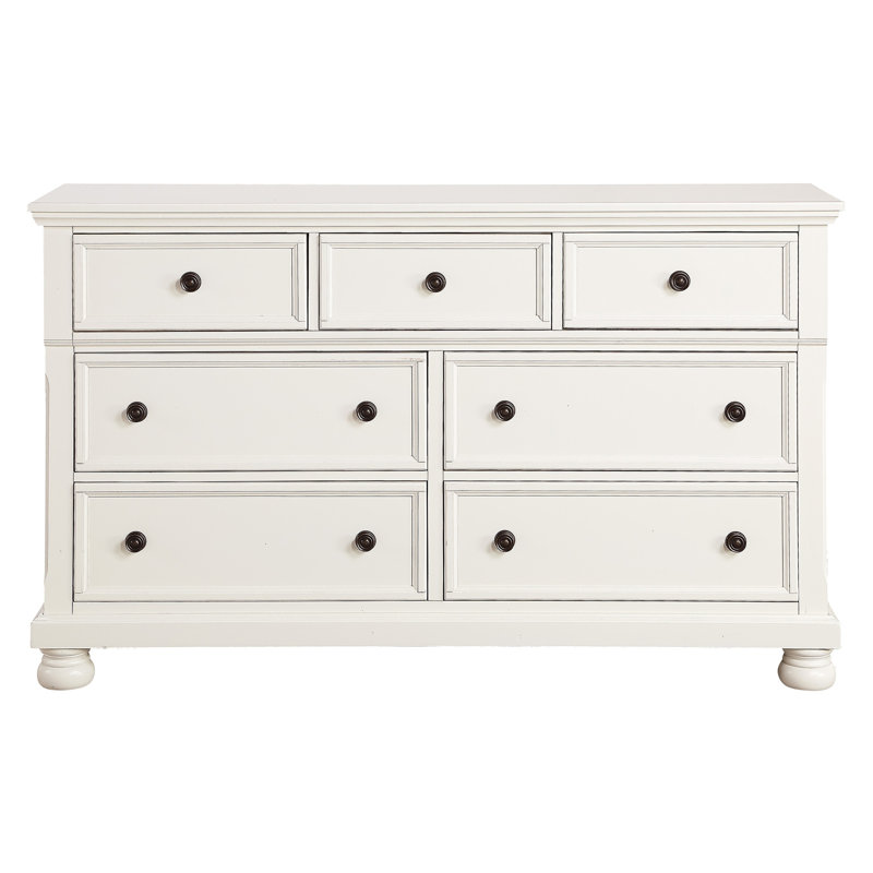 Commode à finition transitionnelle blanche avec 7 tiroirs et plateau à bijoux