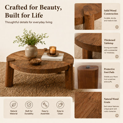 36.62'' Rustic Wood Round Coffee Table For Living Room, Easy Assembly