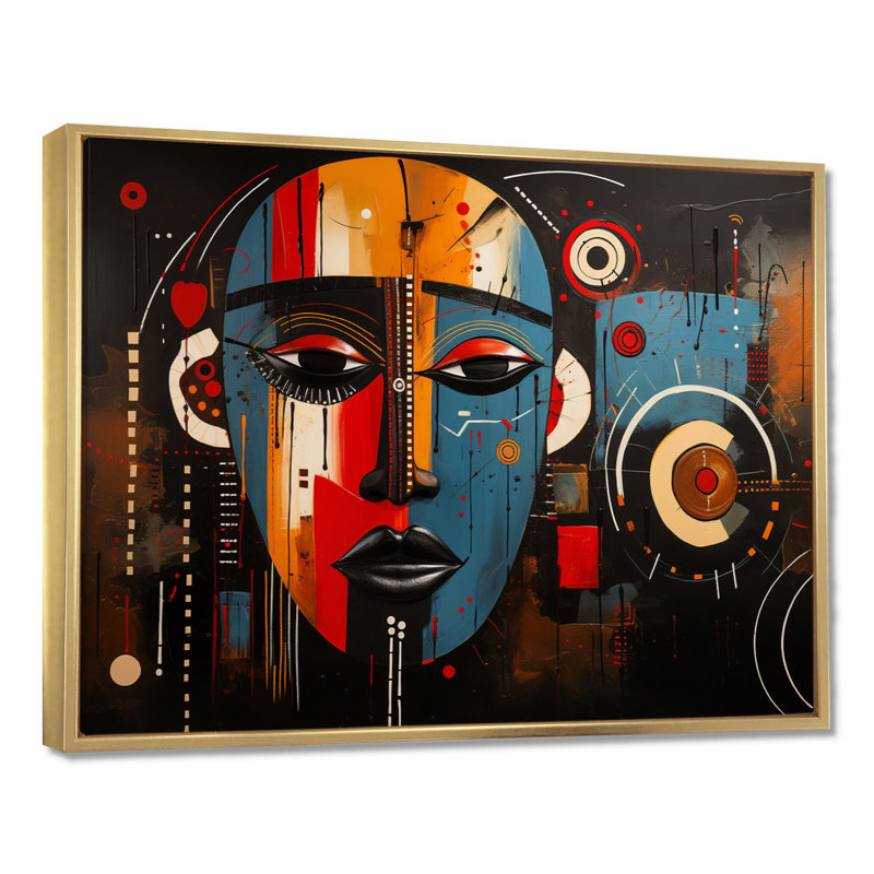 Portrait moderne déconstruit en rouge bleu noir I - Masque africain, décoration murale, Cadre flottant doré