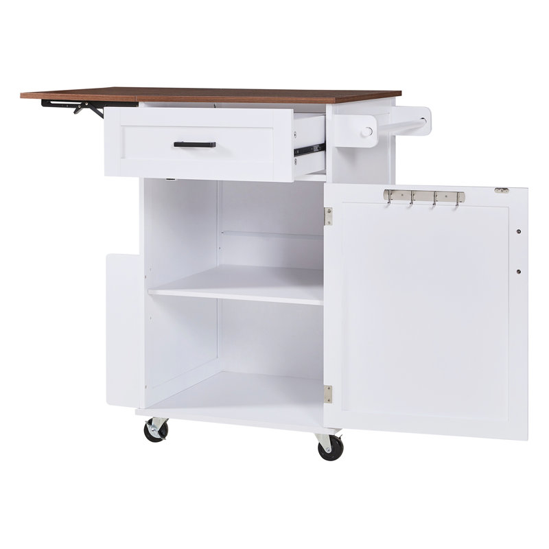 39.3" Farmhouse Kitchen Island with Drop Leaf, Kitchen Storage Island with Open Side Rack, One Drawer, Towel Rack, White