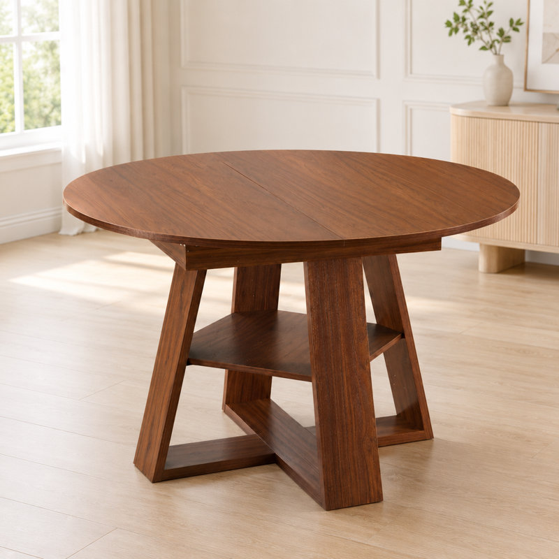 Table de salle à manger extensible 43,3 "à 59" ronde à ovale avec tablette de rangement, Noyer clair