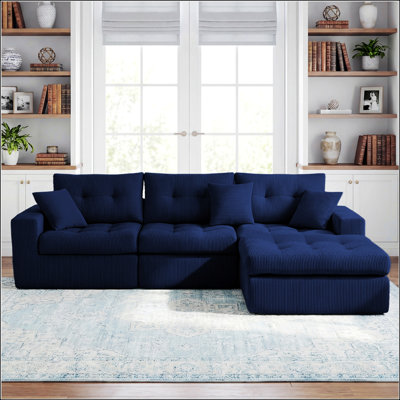 Corduroy Corner Chaise Compression Sofa Bed, L-Shaped Sectional Couch with High-Density Sponge, No-Assembly Required Convertible Sofa for Living Room, Apartment, Guest Room