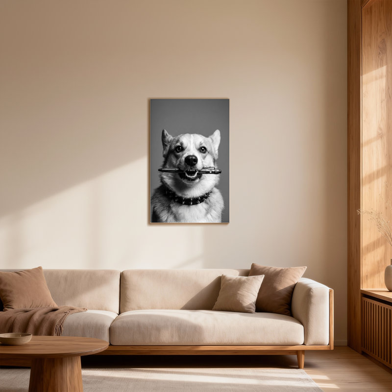 Animaux, chien tenant un stylo dans la bouche, portrait en noir et blanc, H 40 po x l 28 po