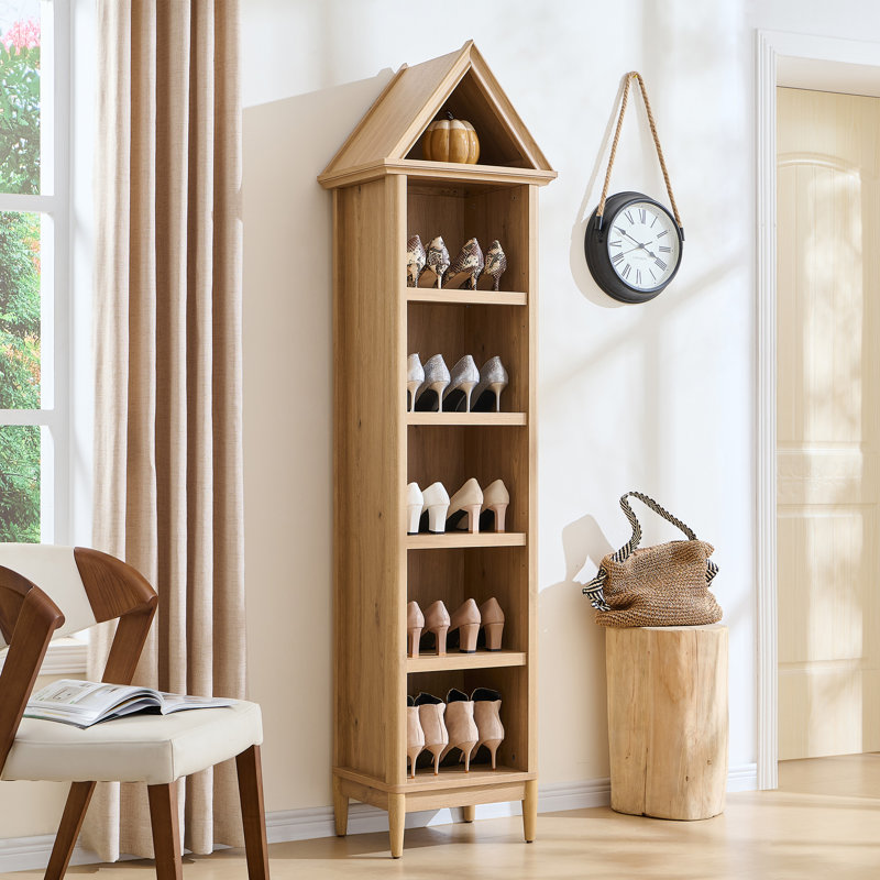 Tall Shoe Cabinet, 5 Tiers Geometric Narrow Cabinet with Storage, Modern Triangular Top Angled Arch with Adjustable Shelves, Shoe Cabinet w/Open Display Shelves