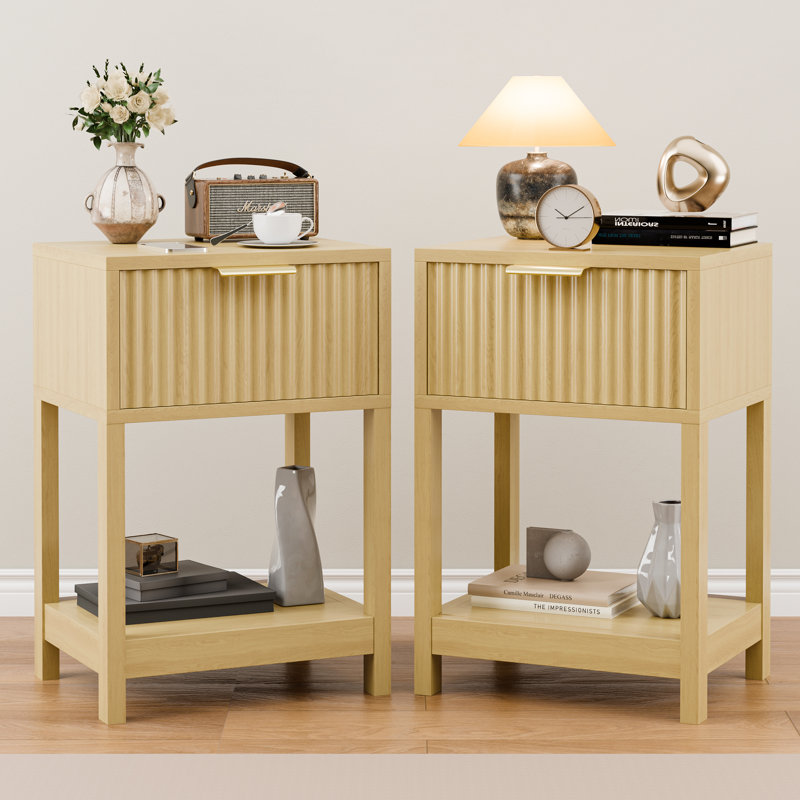 Nightstand Set Of 2, Modern Bedside Table With Storage Drawer And Open Wood Shelf For Living Room, Bedroom And Small Spaces, Accent Night Stand With Solid Wood Legs, Easy Assembly, Oak 2pcs