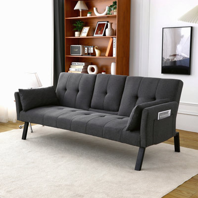 70-Inch Multi-Functional Cotton And Linen Sofa Bed: Foldable + Cup Holder + Side Storage, Instantly Switch Between Living Room And Bedroom