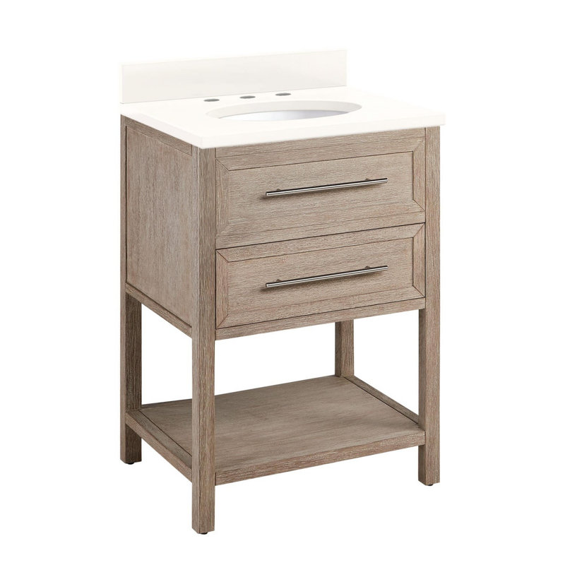 24" Robertson Single Bathroom Vanity Set with Oval Undermount Sink, 8" Widespread, Arctic White Quartz, Brushed White