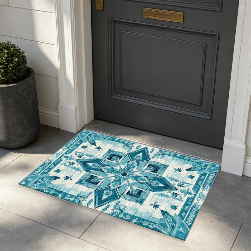 Teal White Bohemian carpet-easy to clean, machine-washable, soft and comfortable; suitable for door mats, kitchens, living rooms, bedrooms, corridors, and laundry areas. Easy to clean, durable carpet for home decoration.
