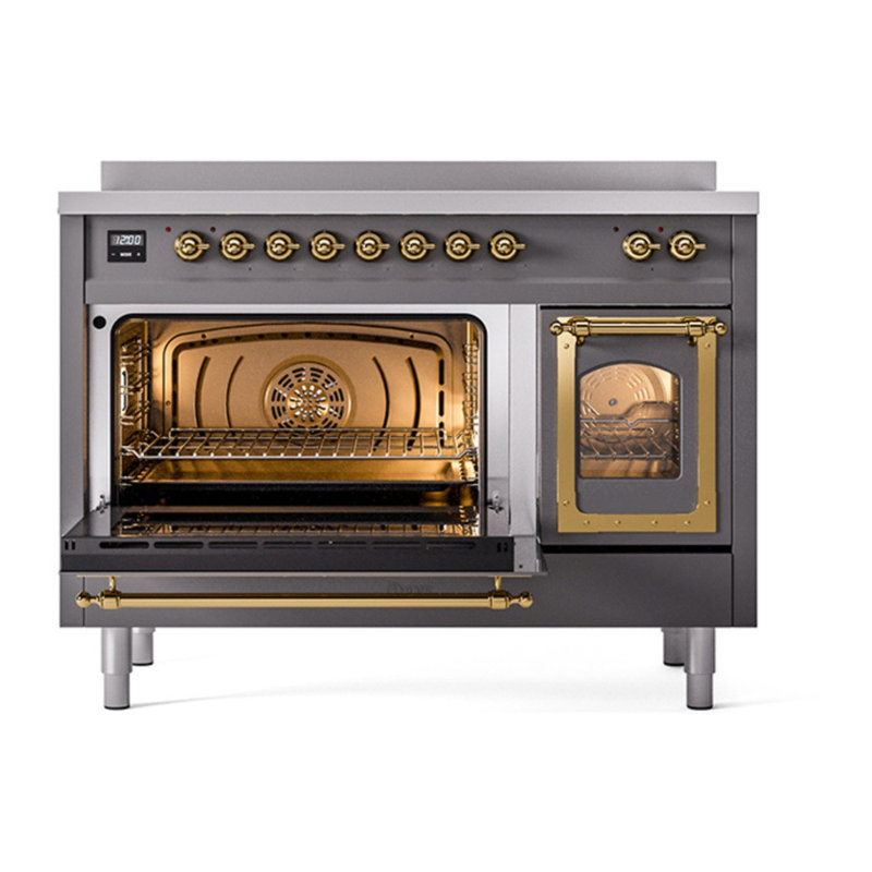 ILVE Nostalgie II Noblesse 48 dans la gamme d'induction, 6 éléments d'induction (porte en verre), Graphite mat / laiton