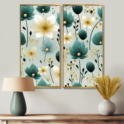 Teal & Ivory Coastal Elegance Floral Pattern  - Floral Large Wall Art 2-Pieces