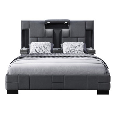 Modern Dark Gray Queen Bed - Foldable , Wireless Charging, Led Reading Lights & Speaker Systematization With Flavor Speakers