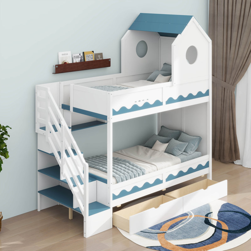Lit superposé simple au-dessus de simple avec tiroirs et tablettes de rangement, éclairage DEL, Blanc