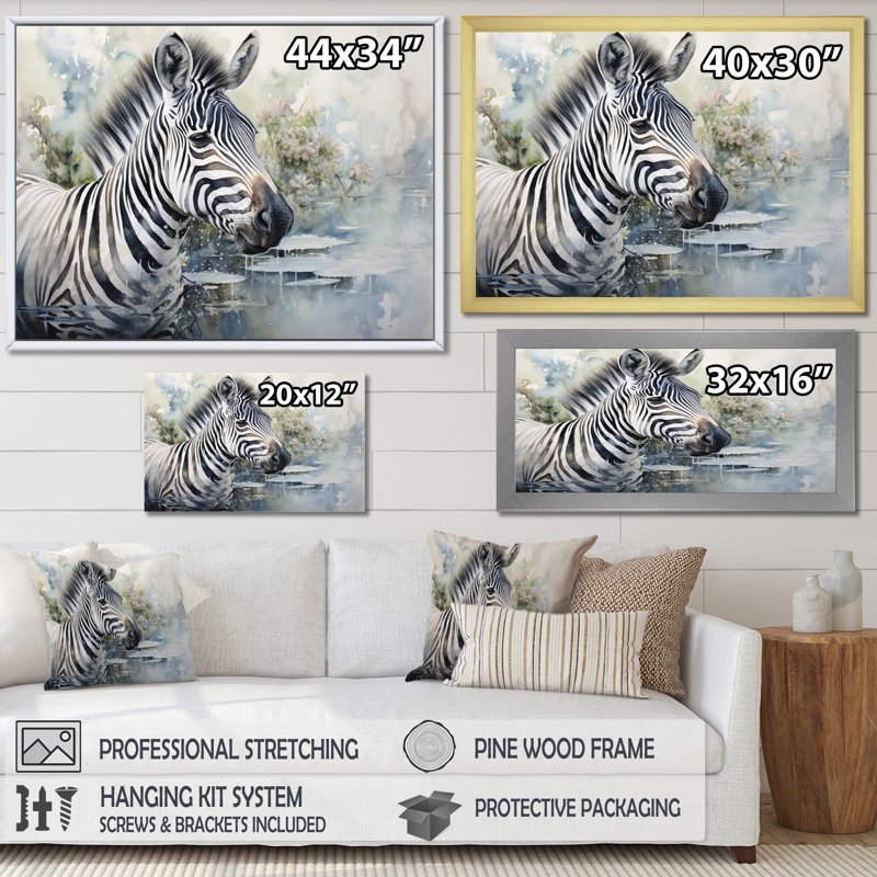 Zèbre aquarelle élégante - décoration murale zèbre, H 12 po x l 20 po x P 1 po