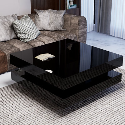 Black High-Gloss Minimalist Designed 2-Tier Square Coffee Table With LED Lights, A Living Room Center Table.