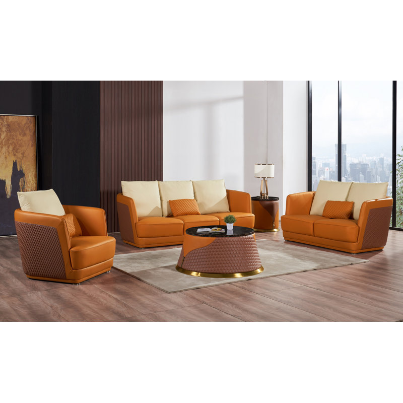Fauteuil club Rowen, Cuir véritable orange / brun