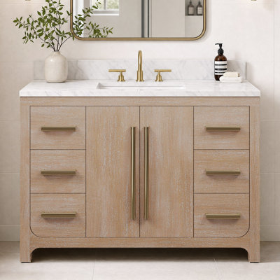 Meuble-lavabo rectangulaire simple Perris de 122 cm (48 po) avec comptoir en marbre blanc de Carrare reconstitué couleur caramel latte et quincaillerie en or antique