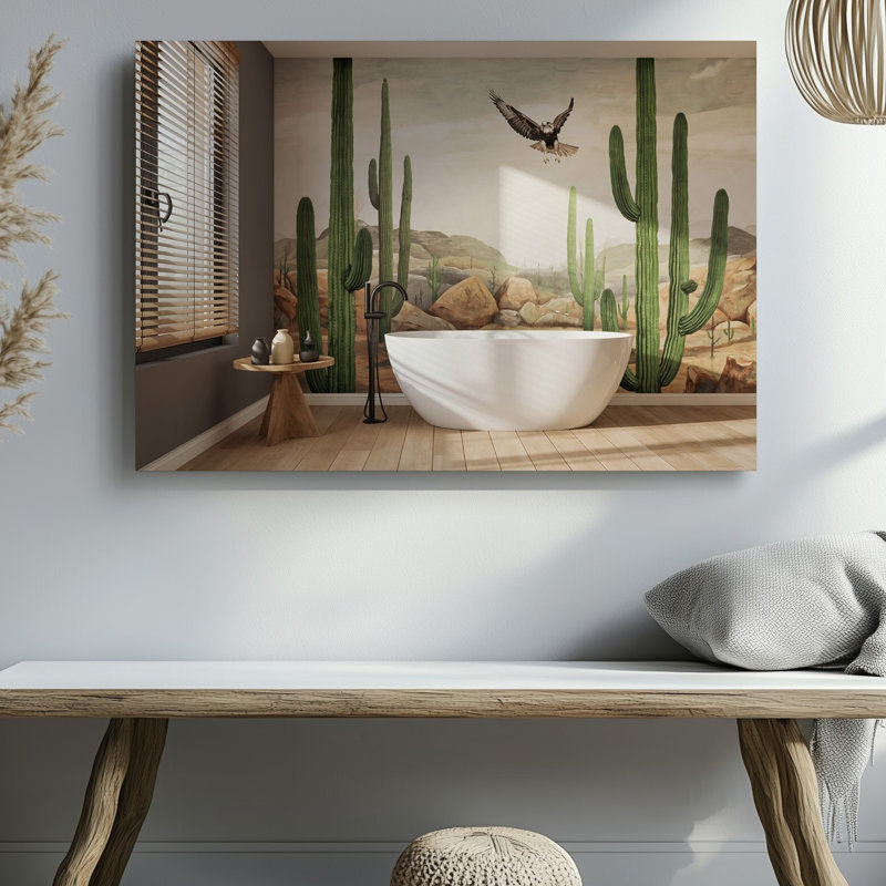 Toile, une scène de salle de bain sereine avec une grande baignoire blanche autoportante, posée sur un plancher en bois clair, toile de fond