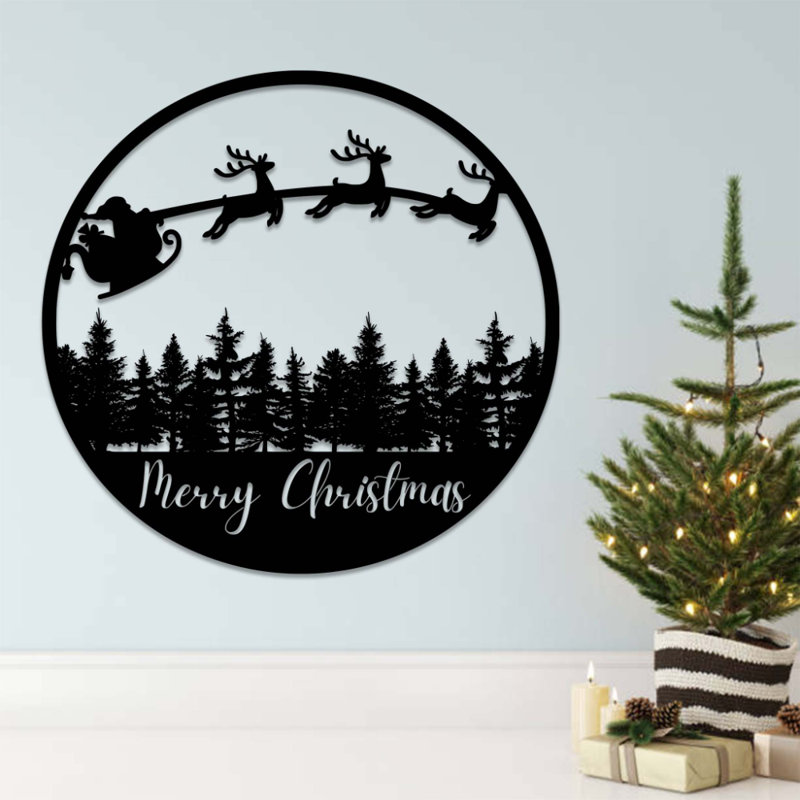 Art mural en métal Merry Christmas Sleigh, Noir, H 32 po x l 2 po x P 0,12 po