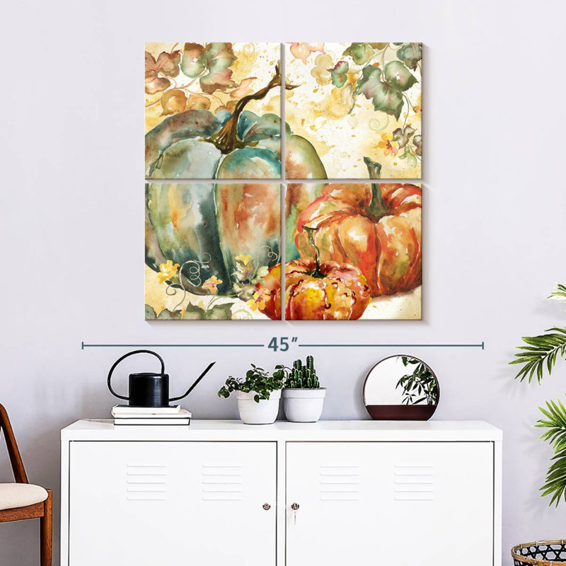 Yarlin, récolte d'aquarelle bleu sarcelle citrouilles I, H 32 po x l 32 po