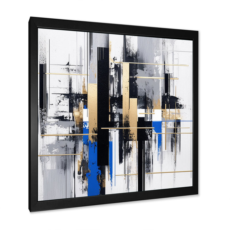 Rayures bleues et dorées II, H 16 po x l 16 po x P 1 po, Cadre simple noir
