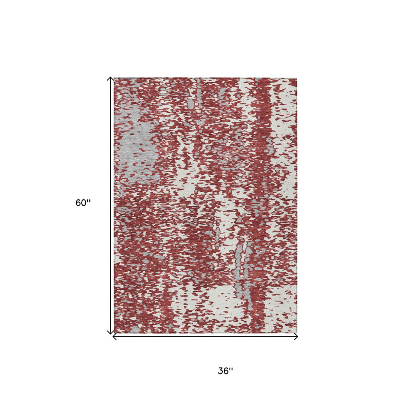 3' X 5' Burgundy And Ivory Abstract Washable Indoor Outdoor Area Rug