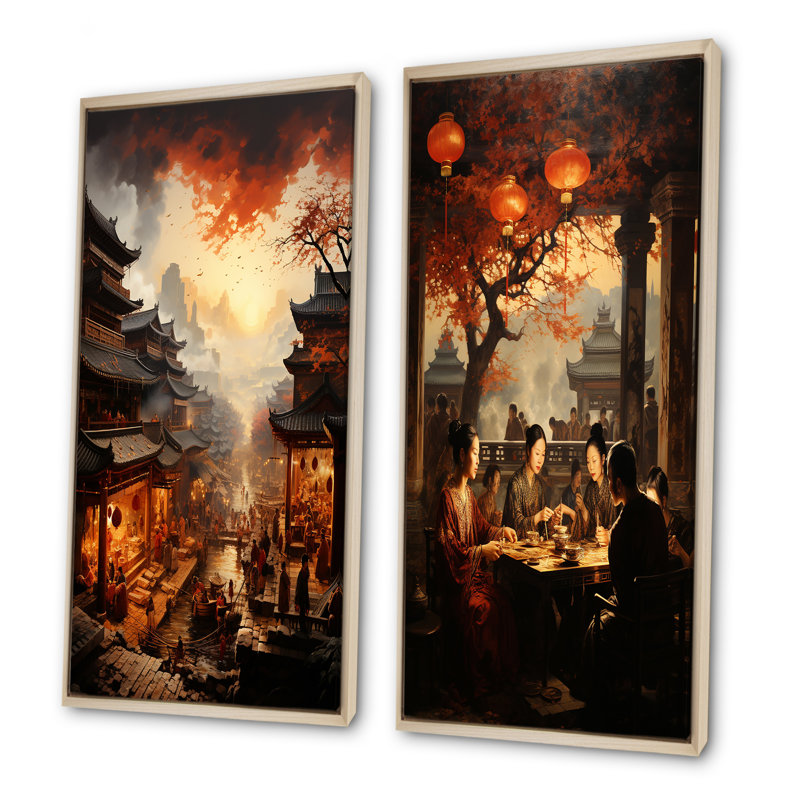 «China Antique Dynasty Landscape I», ensemble de 2 reproductions d'art sur toile chinoises, Encadrement brun