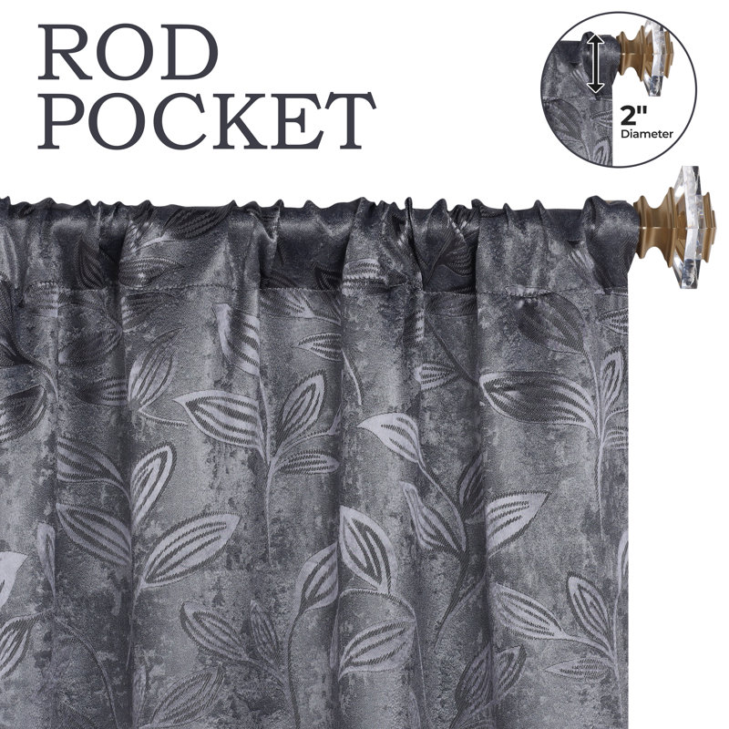  Modern Bohemian Leaves Pattern 100% Polyester Machine Washable Room Darkening Blackout Curtains, Charcoal, 26" W x 84" L