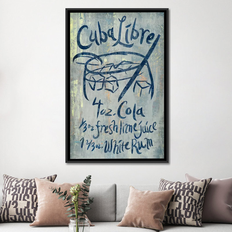 «Cuba Libre Blue», art textuel sur toile, H 26 po x l 18 po x P 1,5 po, Toile avec cadre noir, Pas de tapis