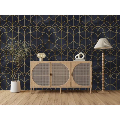 Art Deco Gold Geometric Circles Wallpaper Luxury Navy Mid Century Wall Art for Home Decor