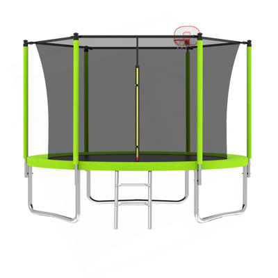 Trampoline 10 pi pour enfants, panier de basketball et échelle, trampoline pour enfants avec enceinte sécuritaire, assemblage rapide pour le plaisir dans la cour, approuvé ASTM