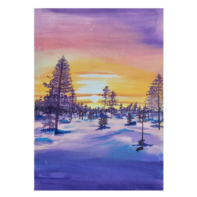 Coucher de soleil dans la région de neige | Affiche sur papier aquarelle | Œuvre d'art par Aditi Junnare