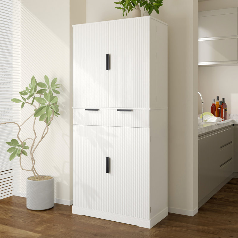 72" Fluted Kitchen Pantry Cabinet With 3 Keyboard Drawers & 6 Door Shelves Adjustable, White