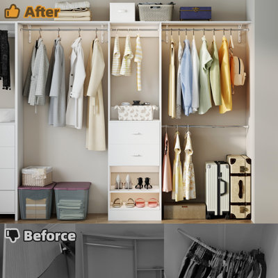 Closet Organizer Tower With Drawers, Shelves And Extendable Hanging Rods, 72.86–114.86" Wide, White