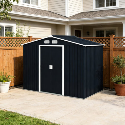 Remise extérieure pour outils pour la cour arrière, articles de jardin idéaux, stable avec trousse de fondation - portes coulissantes doubles à entrée lisse gris foncé, équipement L 109 po x l 76,75 po H 75,5 po, accès