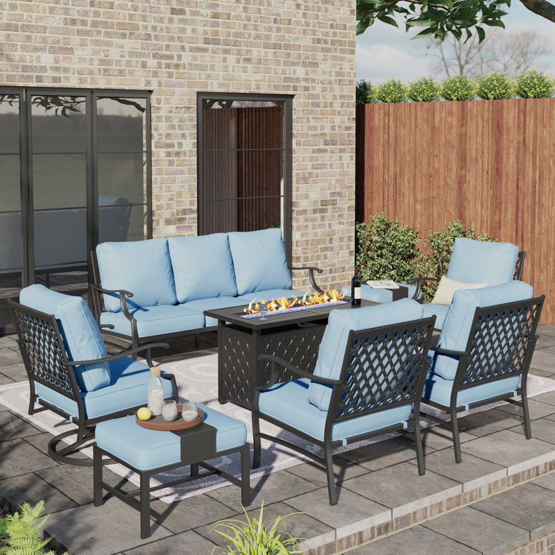 Akadian 9-Person Wicker Patio Conversation Set with Swivel Chairs, Cushion Pro Blue Performance, Yes