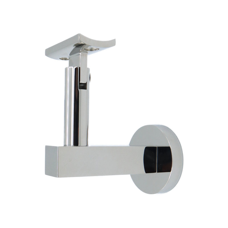 Surface Mount Handrail Bracket with Round Rose and Curved Plate, Polish Stainless Steel