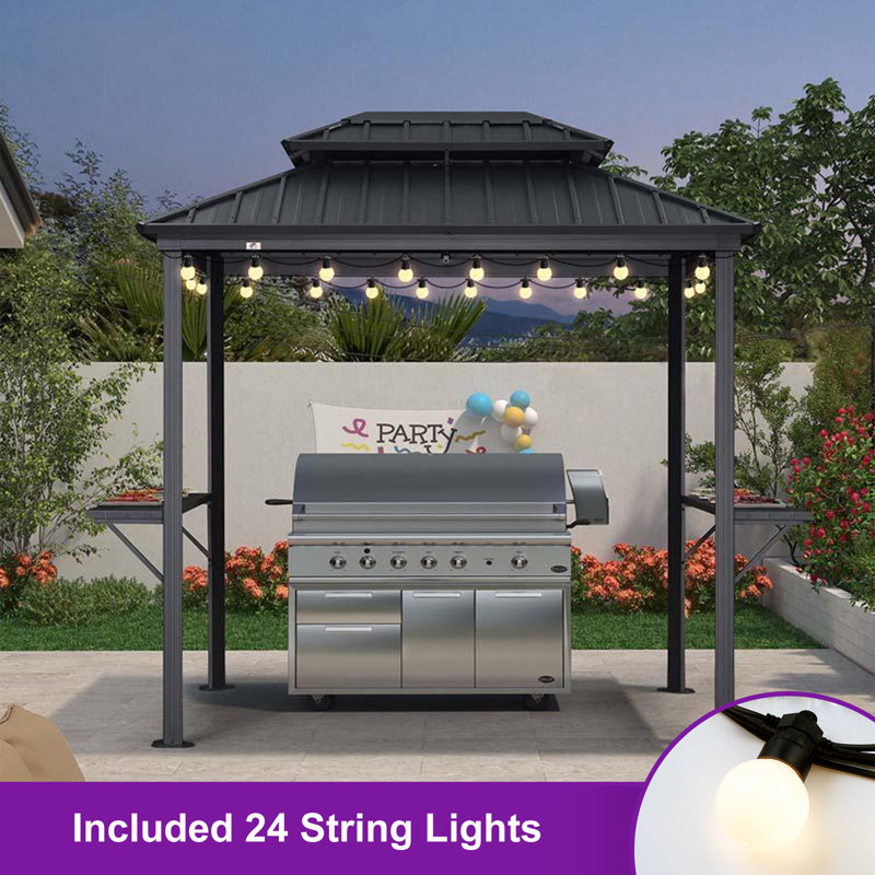 Aluminum Hardtop Grill Gazebo with Lighted, Gray, 6' x 8'