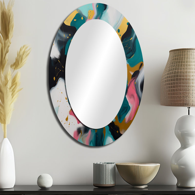 Turquoise et rose abstrait Serenity I - grand miroir mural ovale sur métal, 36 po x 24 po
