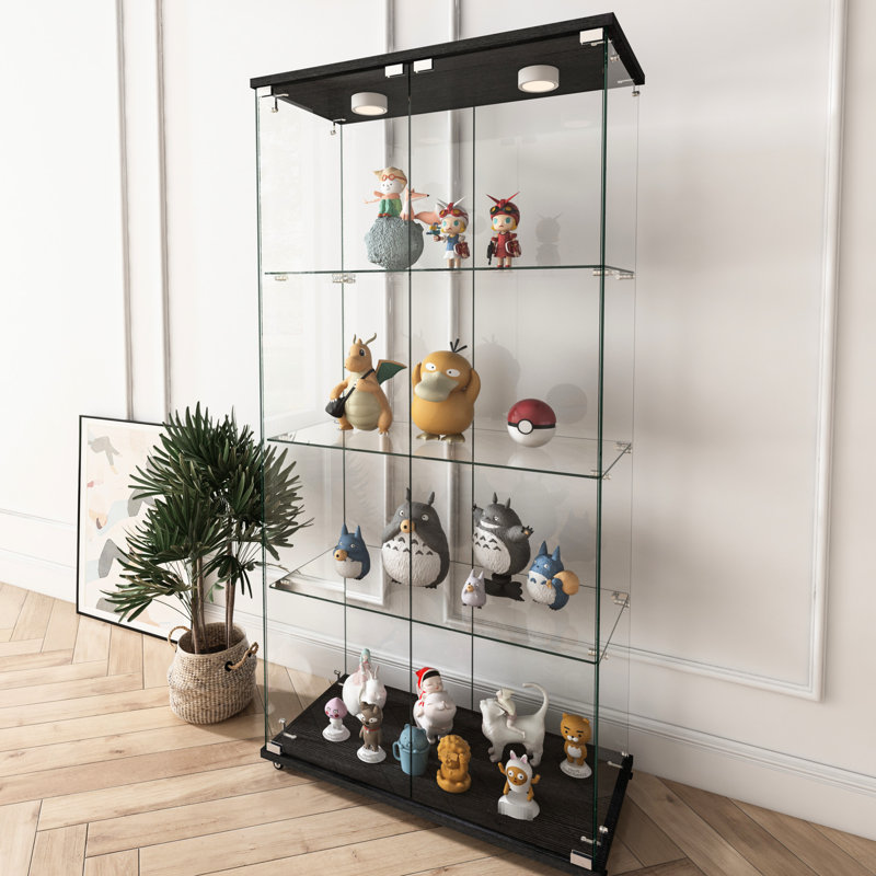 Vitrine moderne en verre trempé noir à 2 portes et 4 portes avec lumières DEL réglables, facile à installer, idéale pour le salon et la chambre à coucher, H 64,44 po x L 31,63 po, l 14,33 po, 45 lb