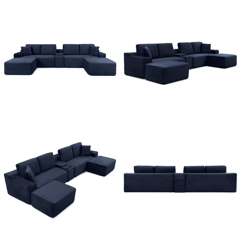 Canapé modulaire de 125 po avec deux repose-pieds, canapé en forme de U avec porte-gobelets, ports USB et rangement, velours côtelé doux pour le salon moderne