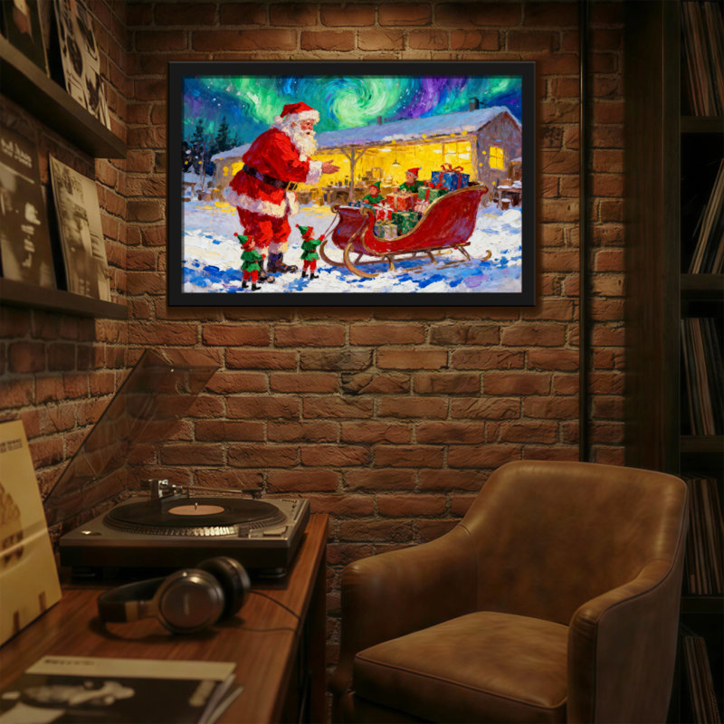 Christmas Santa Claus With Sleigh And Elves, 12" H x 18" W