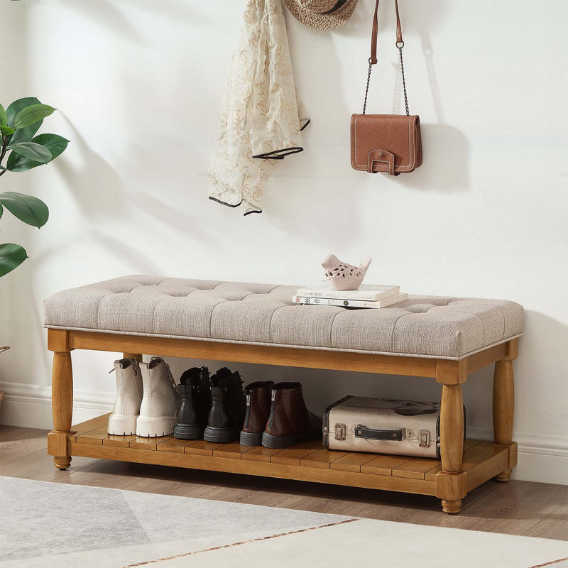 Banc rembourré avec tablette de rangement, repose-pieds capitonné pour entrée de chambre à coucher, Linen+Natural