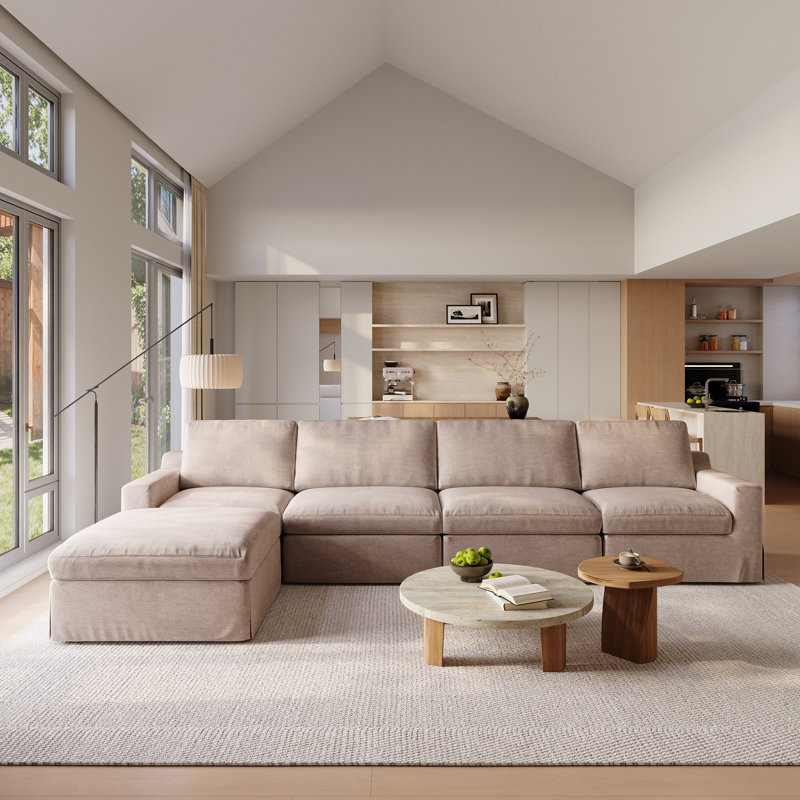 Canapé modulaire rembourré 5 pièces en lin avec repose-pieds, Lin kaki
