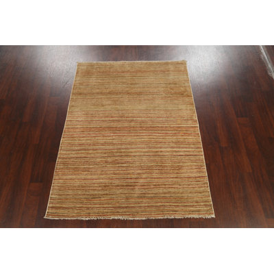 Tapis beige en laine noué à la main de conception unique 4 pi 5 po x 6 pi 1 po New Age