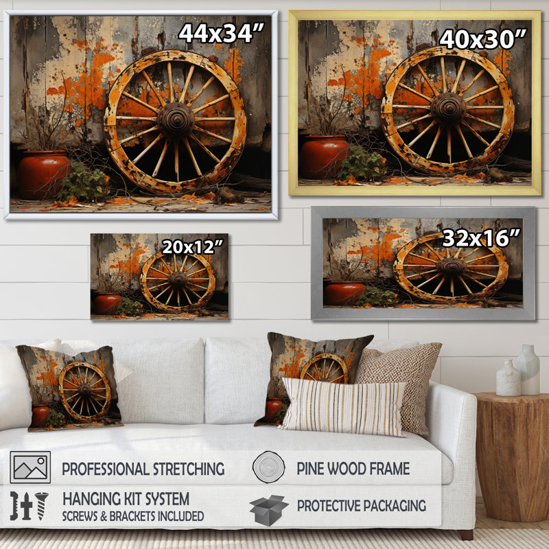 Roue de chariot orange I - décoration murale de transport, H 16 po x l 32 po x P 1 po, Toile tendue